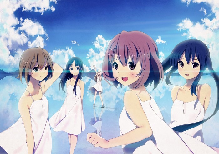Anime girls in white dresses by the water