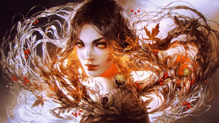Fantasy illustration of a woman with autumn leaves and berries in her hair