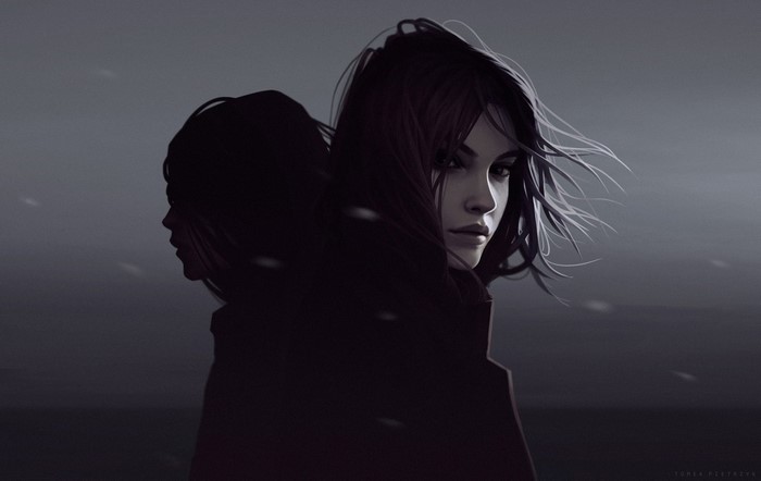 Two women in silhouette against a dark, misty background