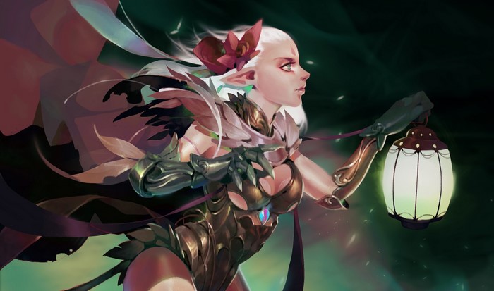 Fantasy elf warrior holding a lantern