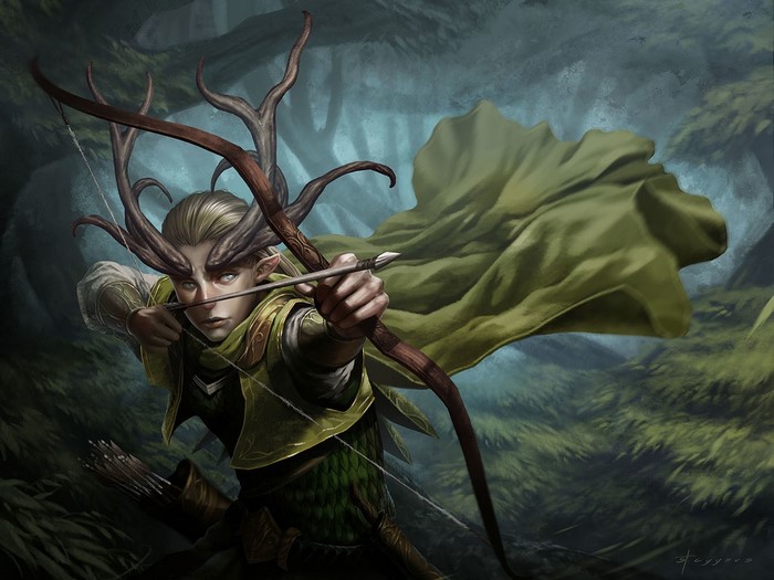 Elf archer with antlers aiming a bow in a forest