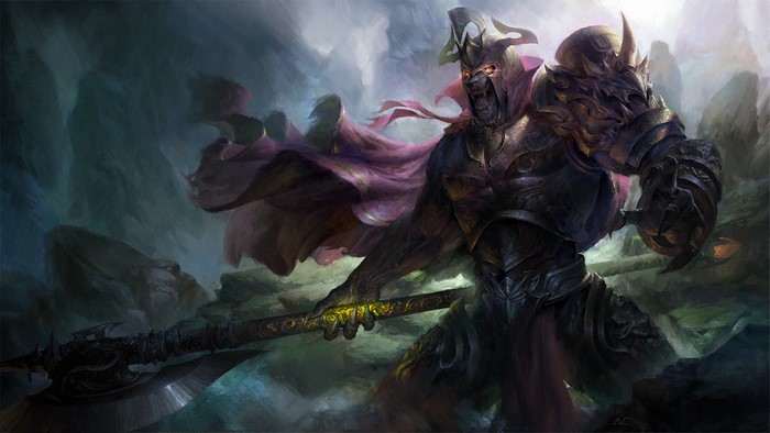 Fantasy warrior with axe and purple cape