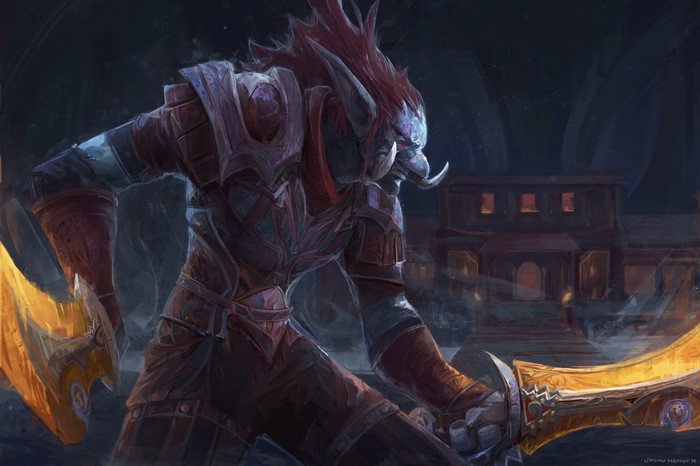 Troll warrior with swords in front of building