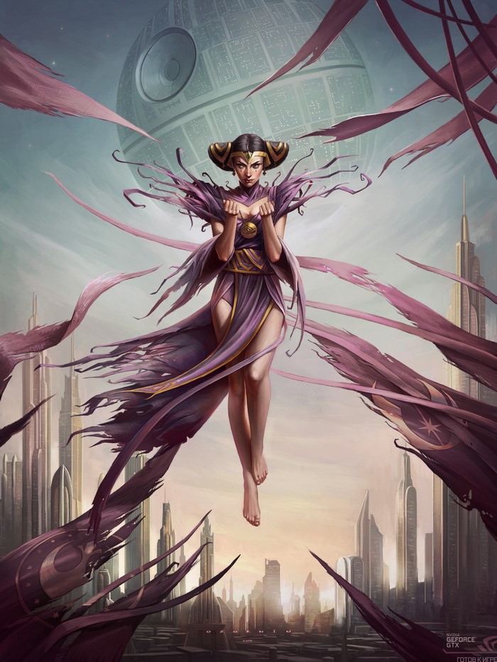 Woman in purple dress with Death Star and city background