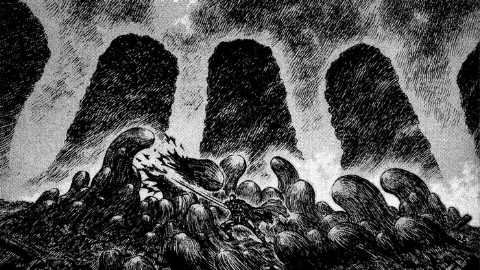 Guts fighting in a dark, alien landscape from Berserk