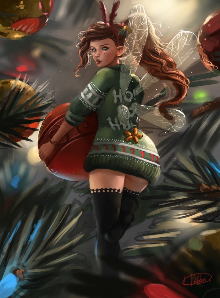 Christmas fairy with reindeer antlers and wings