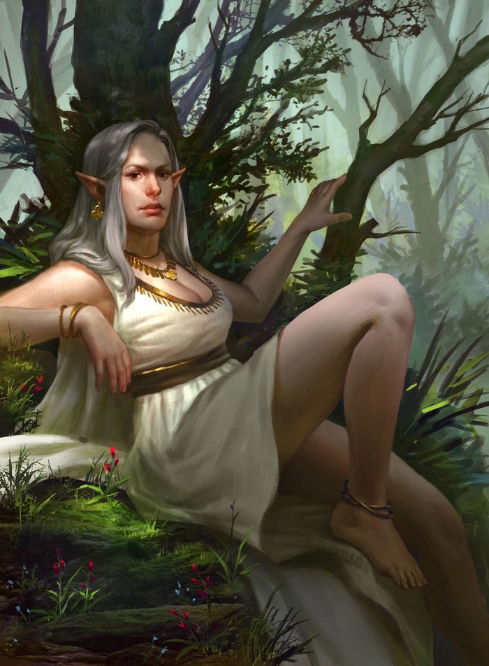 Elf woman with white hair in a forest