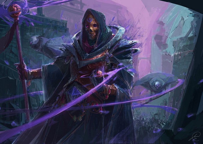 Fantasy warrior with skull mask and purple magic