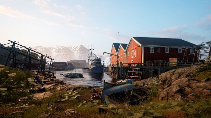 Fishing village with boats and mountains, Vigor