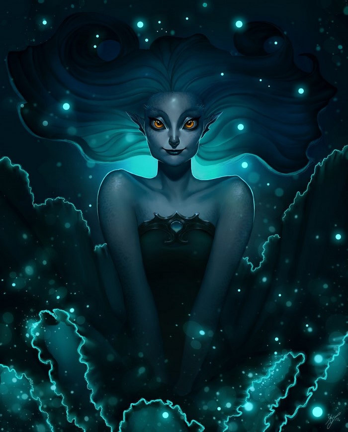 Fantasy illustration of a mystical mermaid with glowing eyes