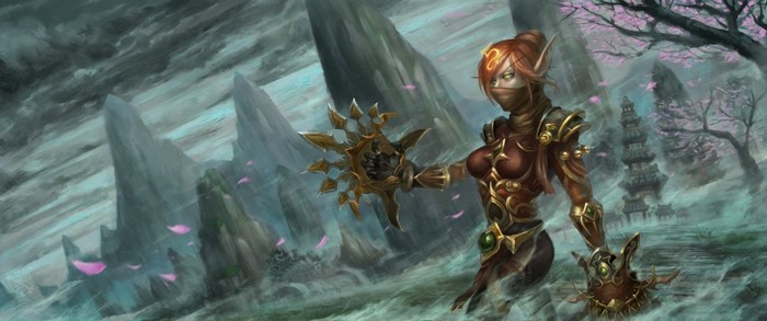 Blood Elf warrior with golden weapons in Pandaria