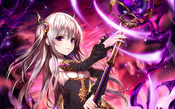 Anime girl with white hair and purple eyes holding a staff
