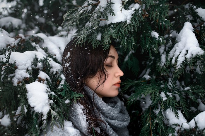 Woman in snow among evergreen branches