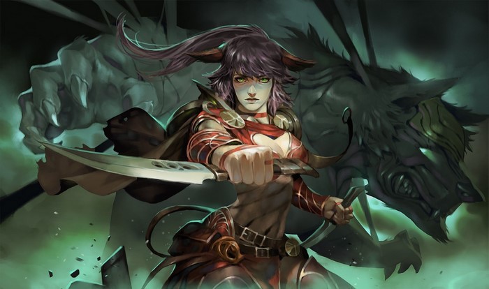 Woman warrior with horns and a beast behind her