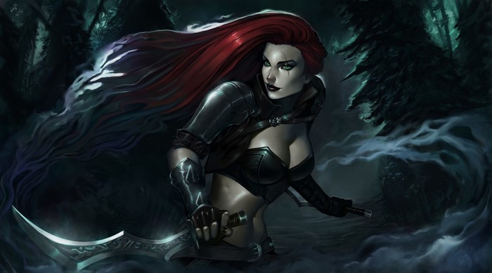 Katarina from League of Legends in a dark forest