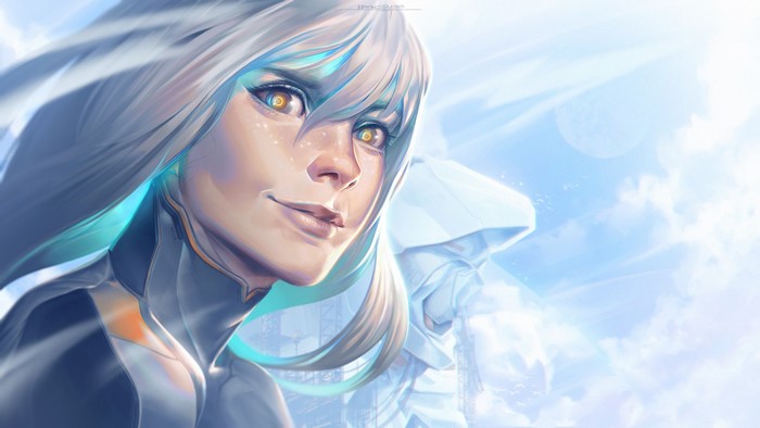 Fantasy anime warrior with white hair and yellow eyes