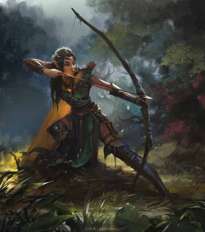 Fantasy elf archer aiming a bow in a forest
