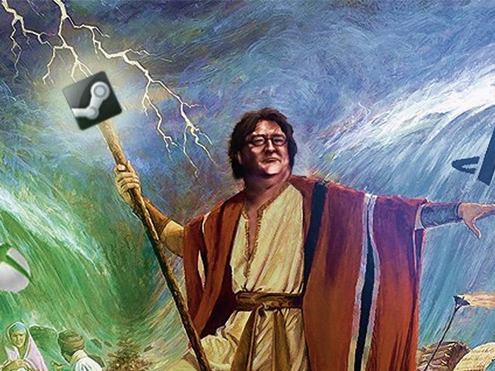 Gabe Newell as Moses parting the Red Sea with Steam