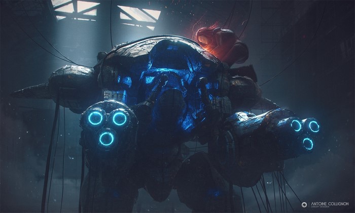 Mech with blue glowing parts and a person