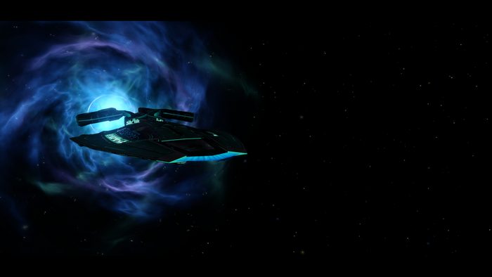 Spaceship in a blue nebula in outer space