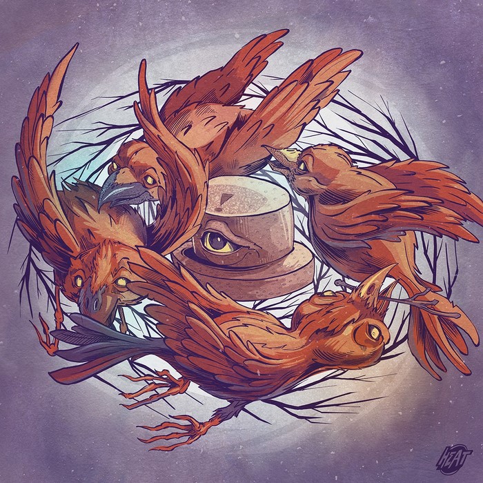 Illustration of birds around a stone with an eye