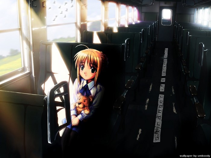 Saber from Fate/Stay Night on a train holding a teddy bear