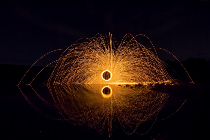 Steel Wool Sparks Reflecting in Water