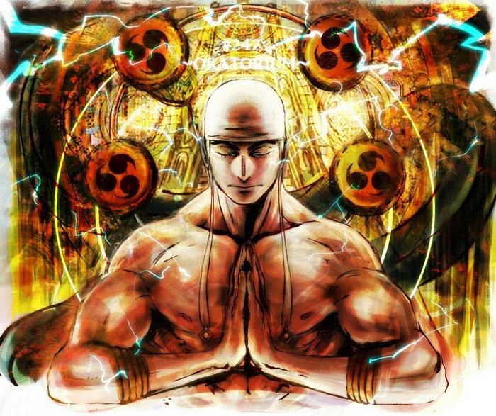 Eneru from One Piece meditating with tomoe symbols