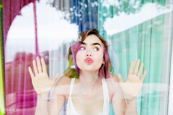 Lily Collins posing for Yahoo Style photoshoot