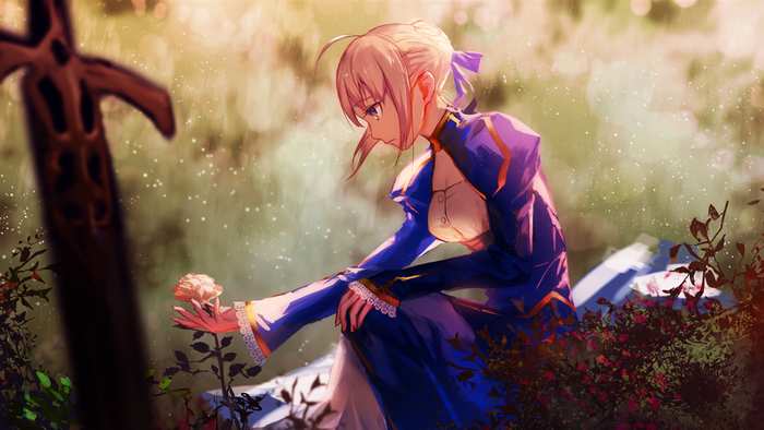 Saber from Fate/Stay Night holding a rose