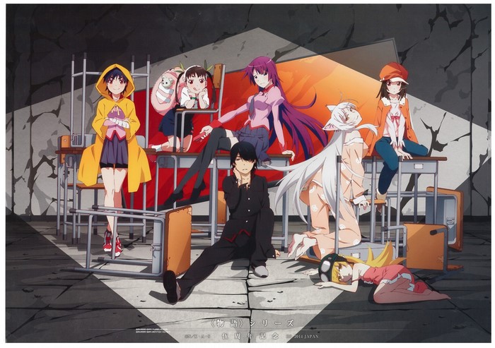 Monogatari Series characters in a classroom setting