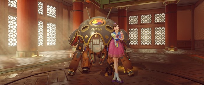 D.Va from Overwatch in a mech with Korean traditional clothing