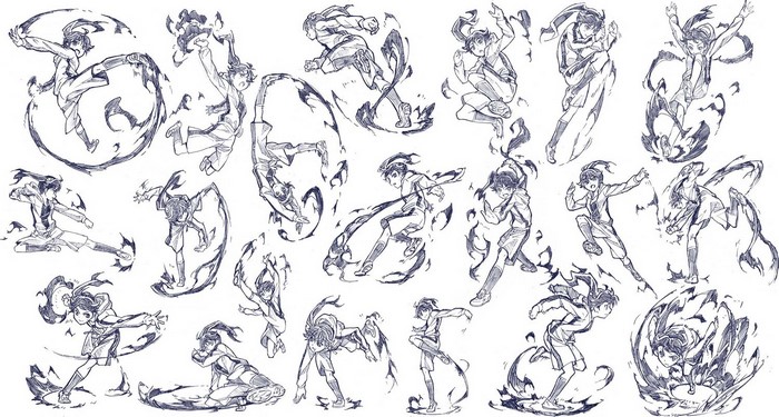 Character sketches with dark energy effects