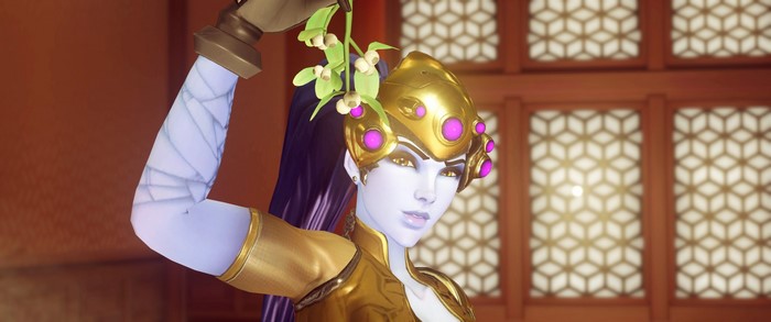 Widowmaker from Overwatch holding mistletoe