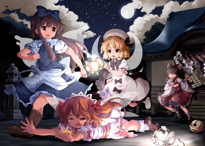 Touhou: Luna Child, Star Sapphire, Sunny Milk, and Hakurei Reimu at night
