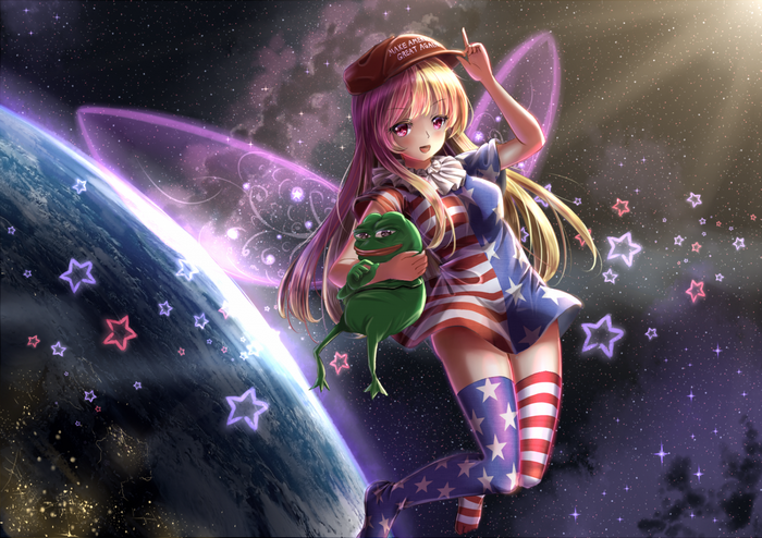 Clownpiece from Touhou holding Pepe the Frog in space