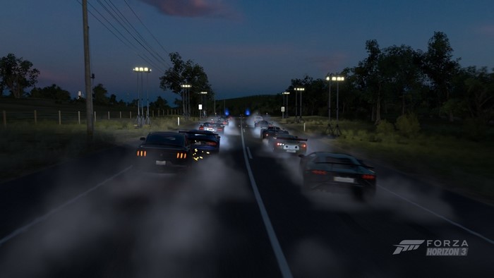 Forza Horizon 3 night race with multiple sports cars
