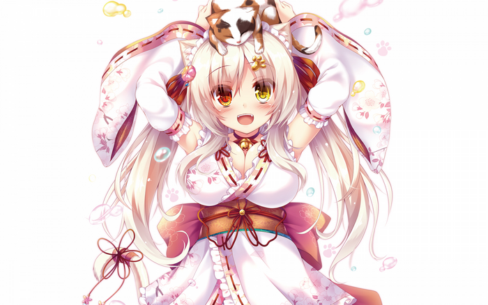 Anime girl with cat ears and a cat on her head