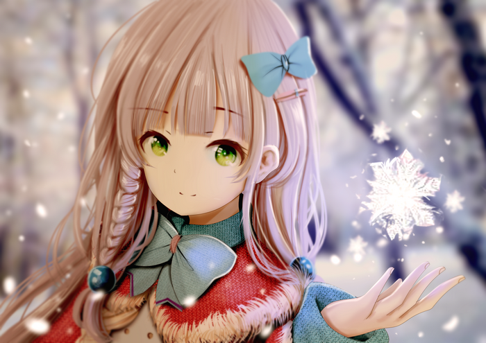 Anime girl with pink hair and green eyes in winter
