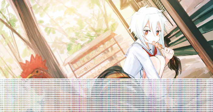 Anime girl with white hair eating dango