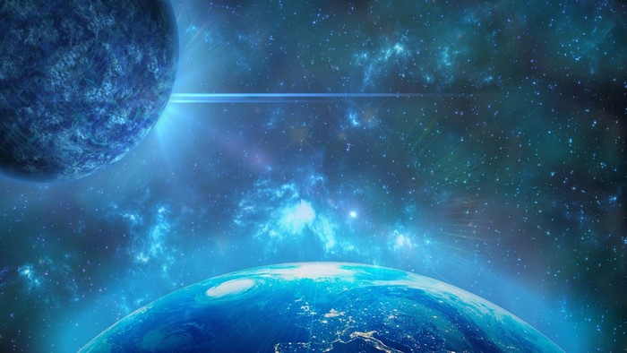 Earth and a blue planet in a nebula