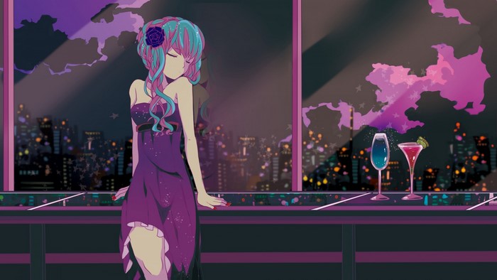Anime girl in purple dress with blue and pink hair