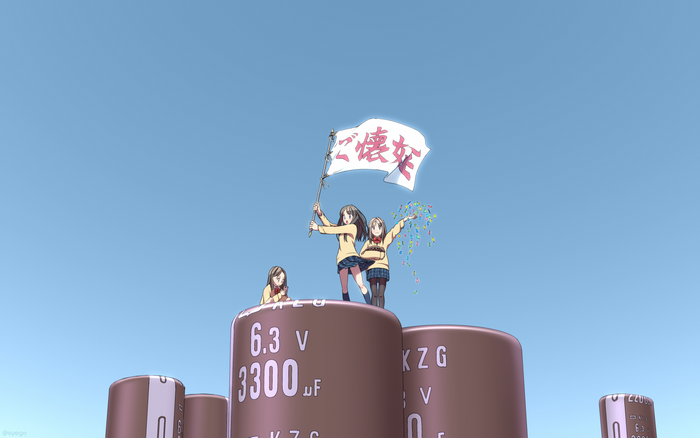 Anime girls on capacitors holding a flag