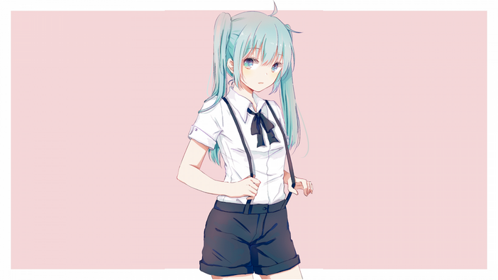 Anime girl with blue pigtails wearing suspenders