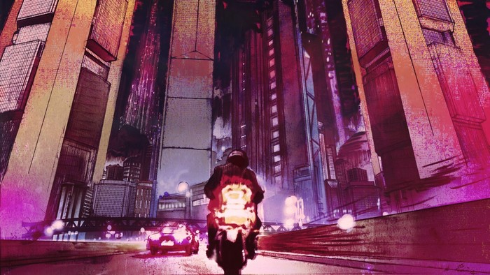 Motorcyclist riding through a futuristic city at night