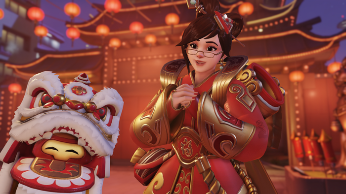 Mei from Overwatch in Lunar New Year attire with a lion dance costume
