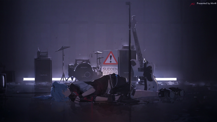 Hatsune Miku on a dark stage with musical instruments