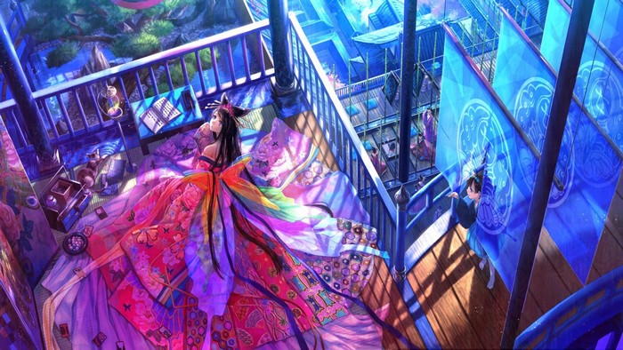 Anime girl in colorful dress on balcony with blue banners
