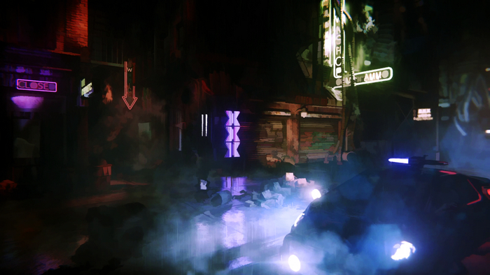 Cyberpunk street at night with neon lights and car