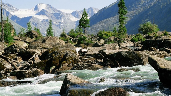 Rocky river flowing through a mountain valley with snow-capped peaks
